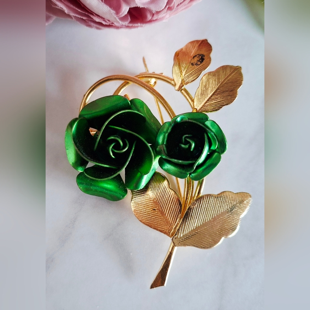 Vintage 80s ✨️💚🌹Green & Gold Rose Brooch/Pin